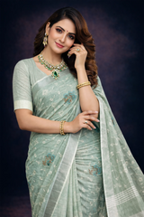 Sea Green Linen Saree With Embroidery
