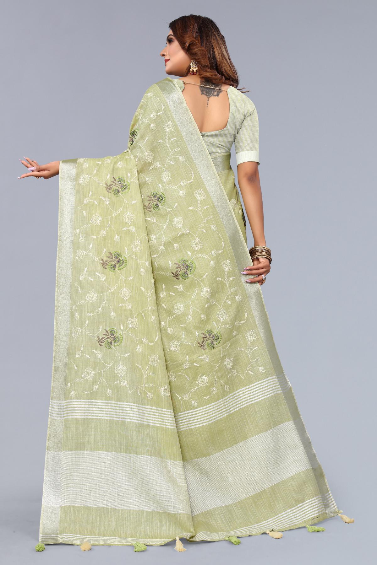 Green Embroidered Cotton Linen saree