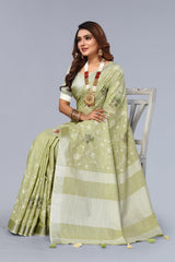 Green Embroidered Cotton Linen saree