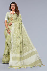 Green Embroidered Cotton Linen saree