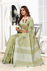 Green Embroidered Cotton Linen saree