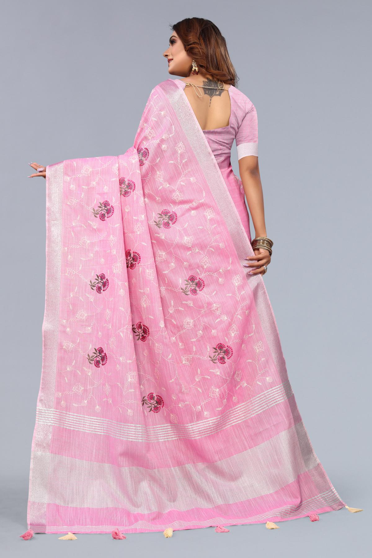 Pink Embroidered Cotton Linen saree