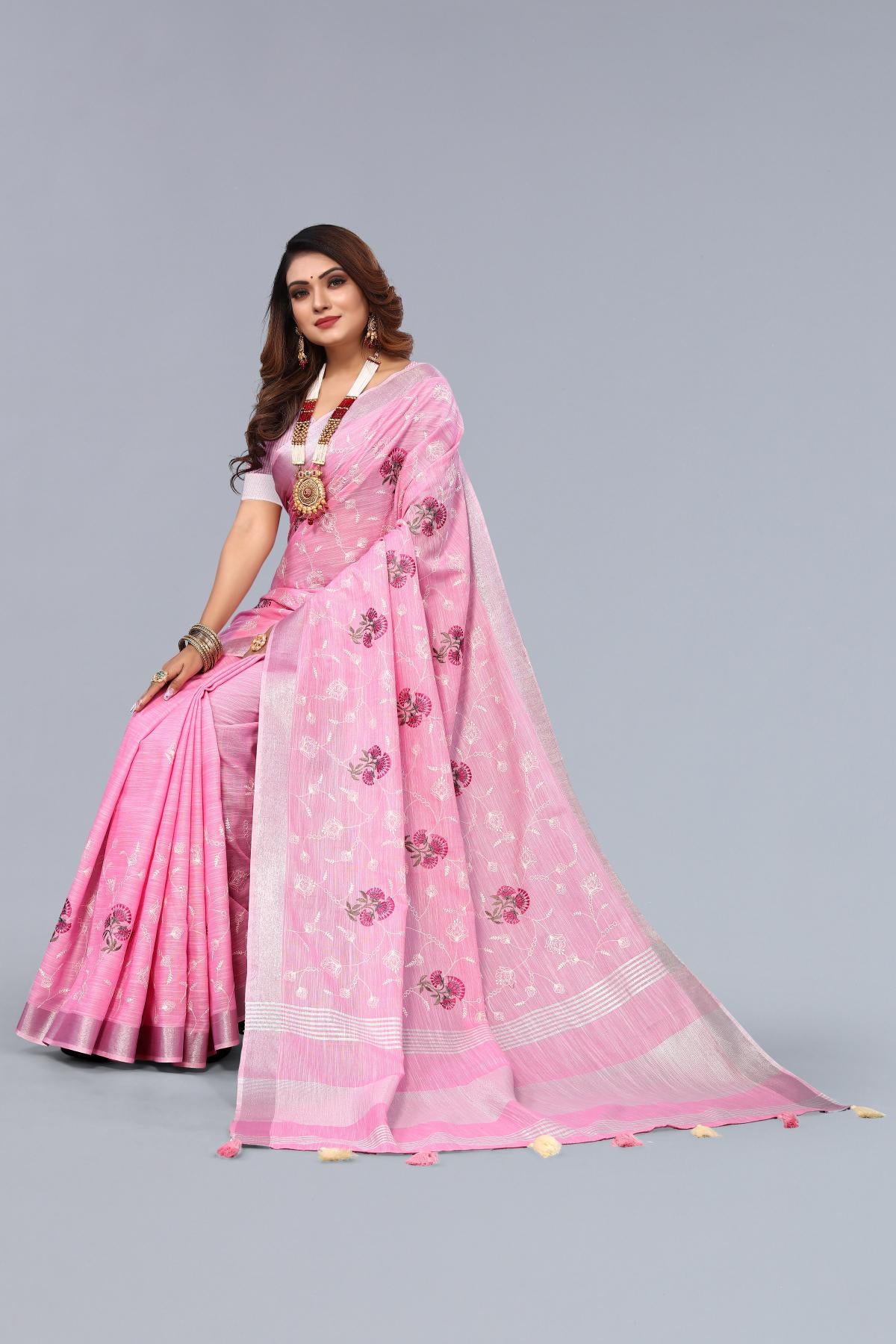 Pink Embroidered Cotton Linen saree