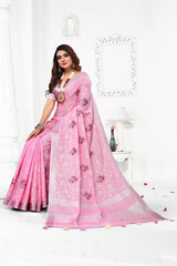 Pink Embroidered Cotton Linen saree