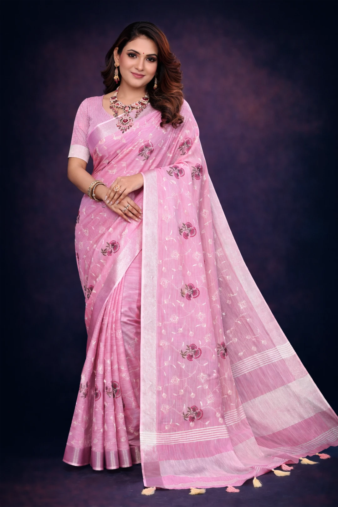 Pink Embroidered Cotton Linen saree