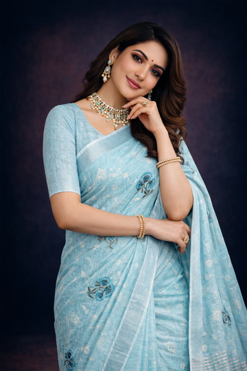 Blue Embroidered Cotton Linen Saree