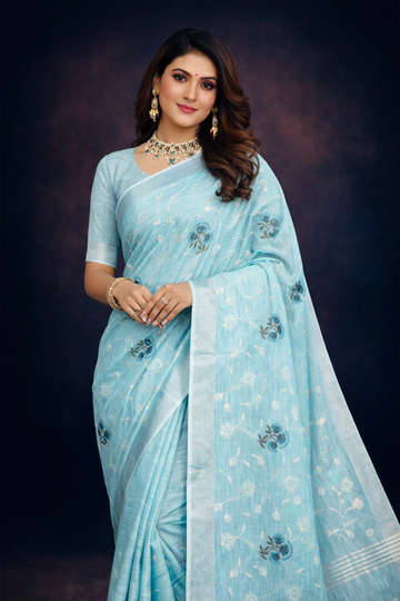 Blue Embroidered Cotton Linen Saree