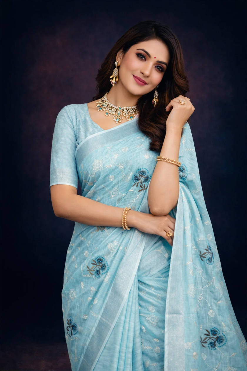 Blue Embroidered Cotton Linen Saree