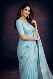 Blue Embroidered Cotton Linen Saree