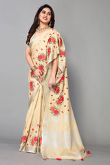 Cream Cotton Silk Saree With Embroidered Gold Zari Pallu