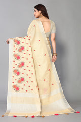Cream Cotton Silk Saree With Embroidered Gold Zari Pallu