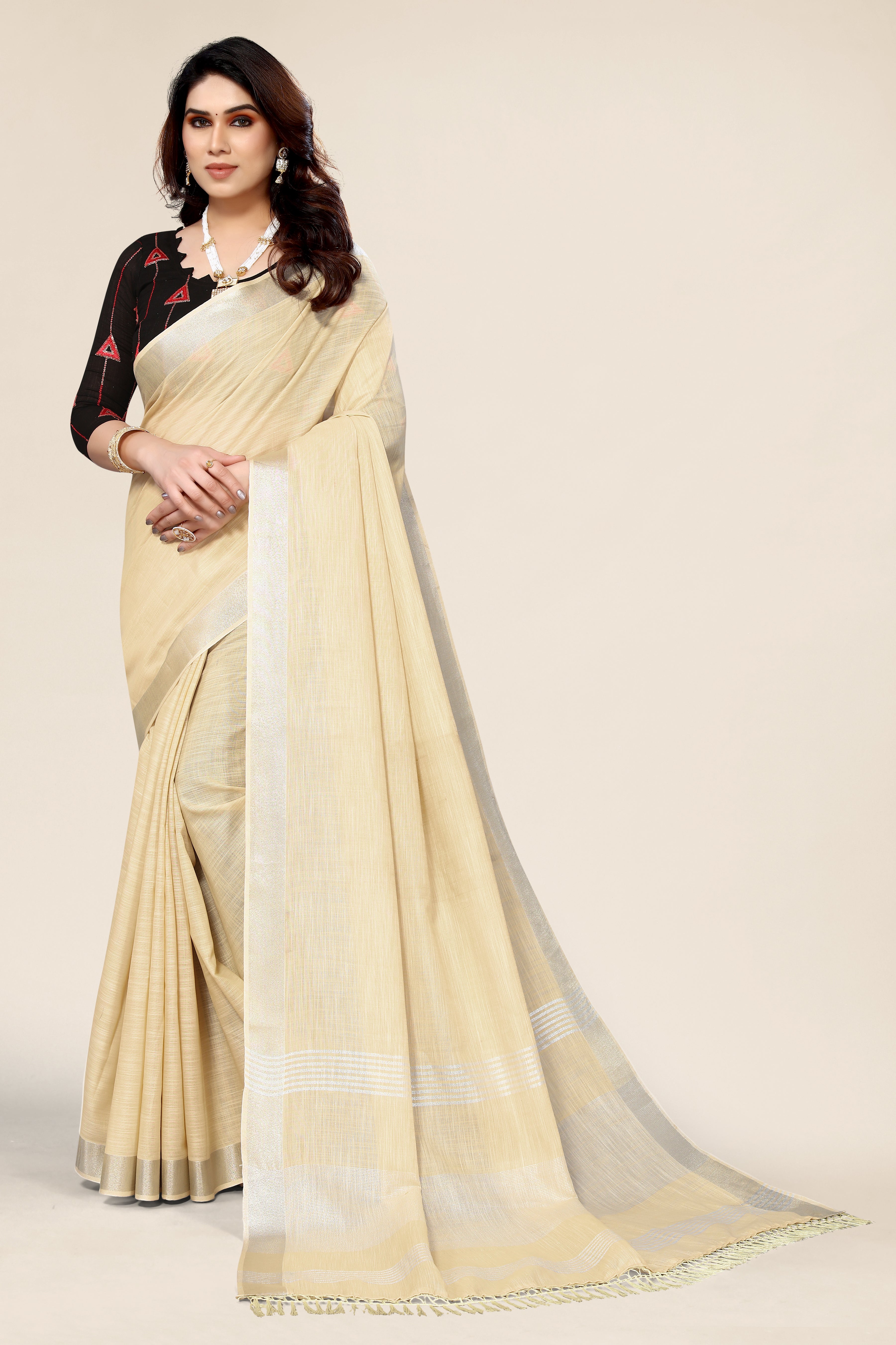Alagini cream saree in linen for festive wear