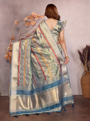 All over thread work saree in Rama color