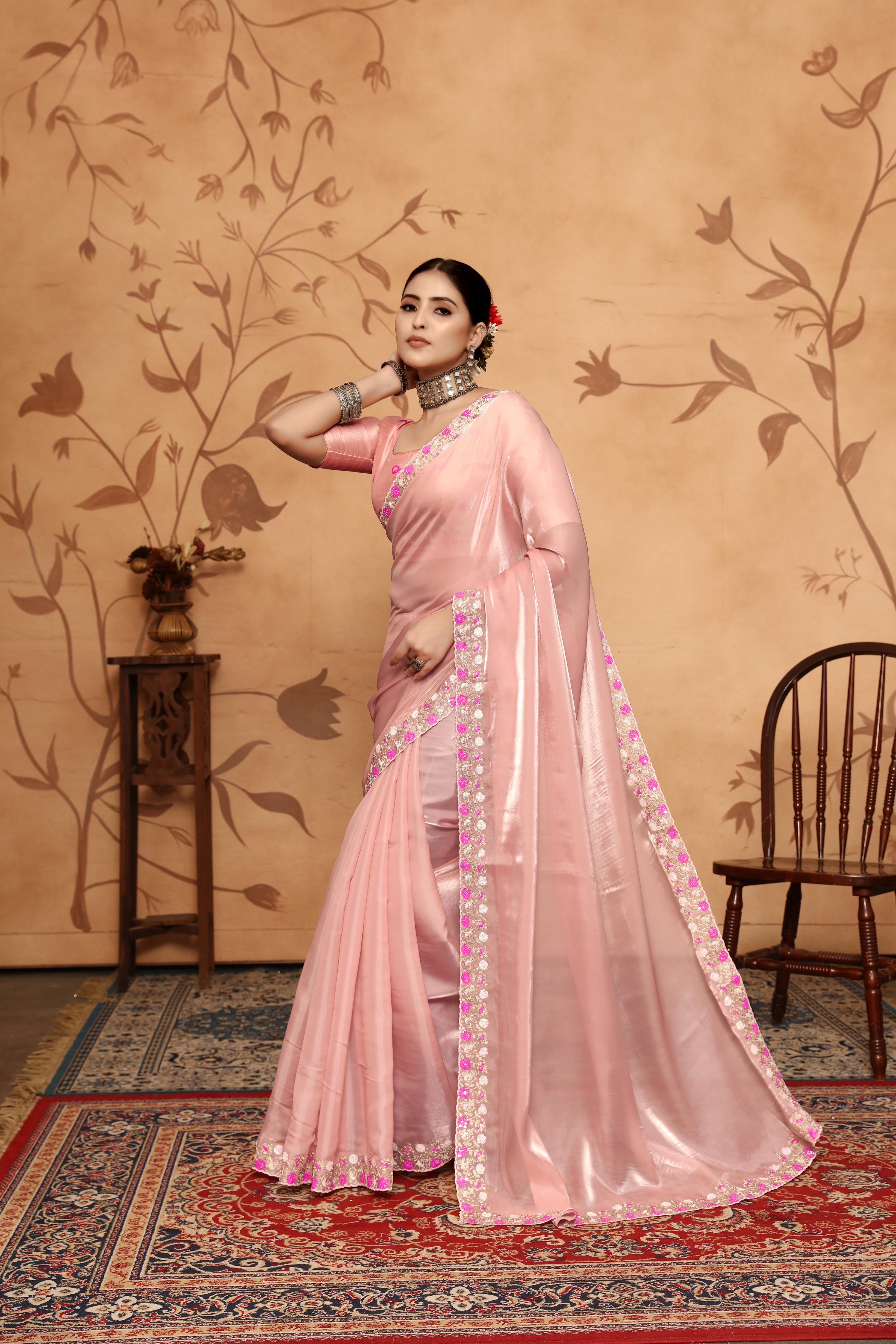 Pink Floral Sequins Border work Jimmy Choo Saree