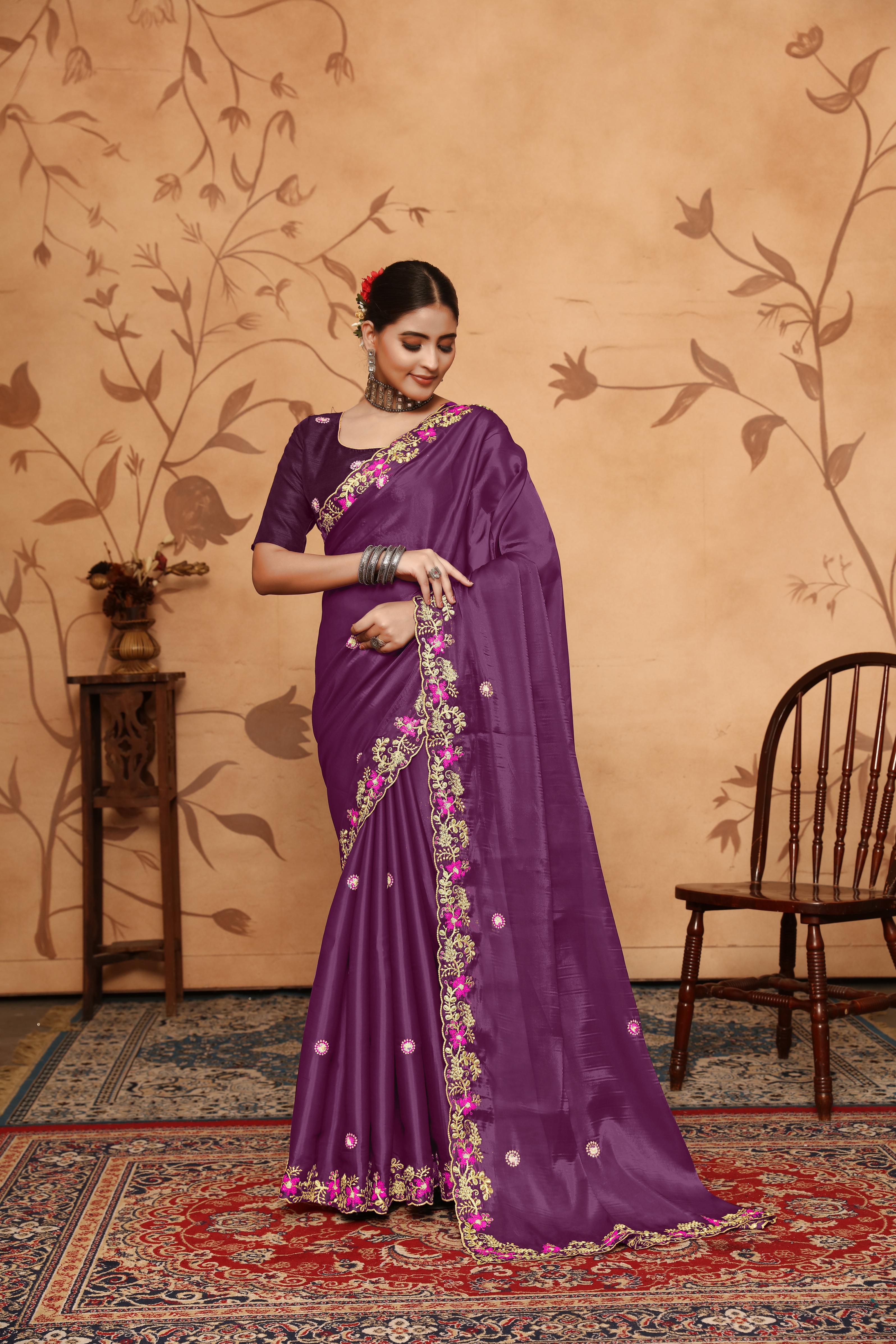 Wine Floral Sequins Border work Jimmy Choo Saree