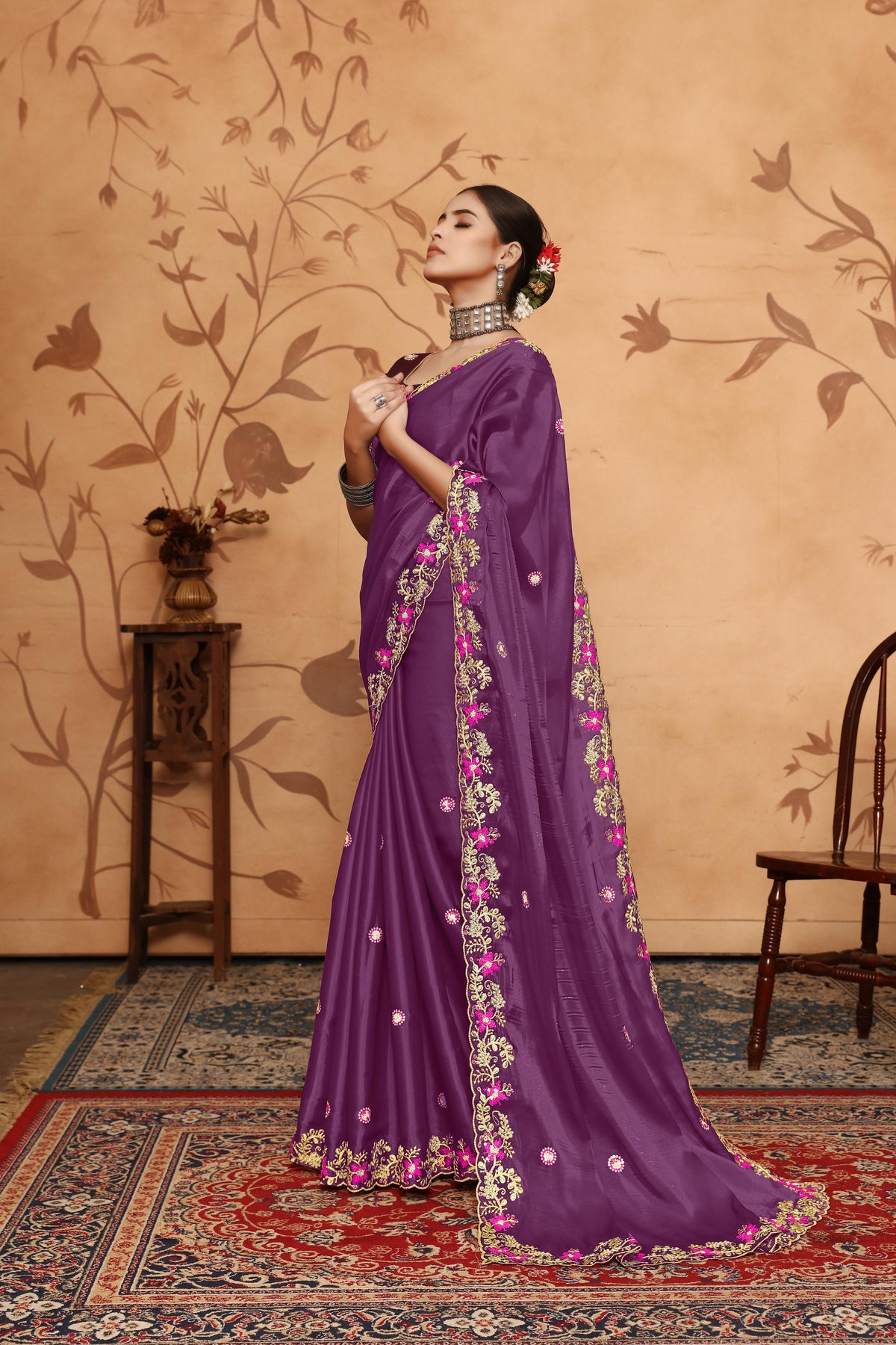 Wine Floral Sequins Border work Jimmy Choo Saree