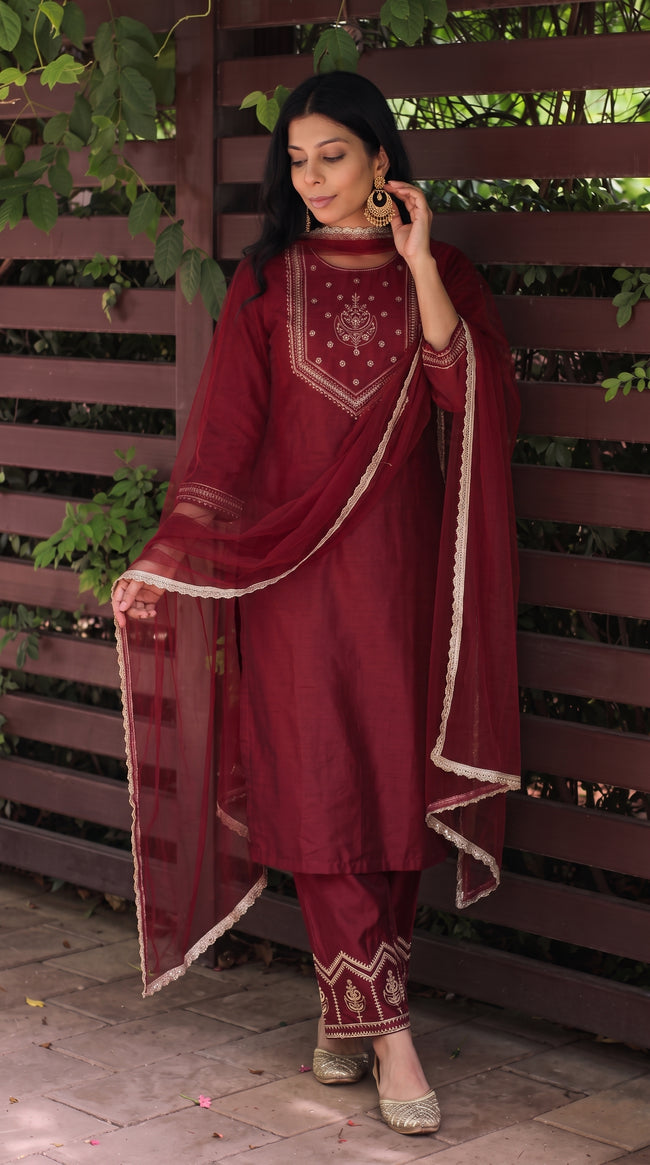 Maroon Silk Stitched Suit