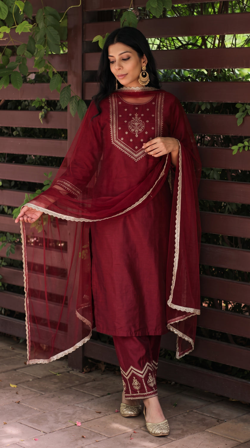 Maroon Silk Stitched Suit