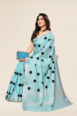 Blue linen saree with embroidered polka design