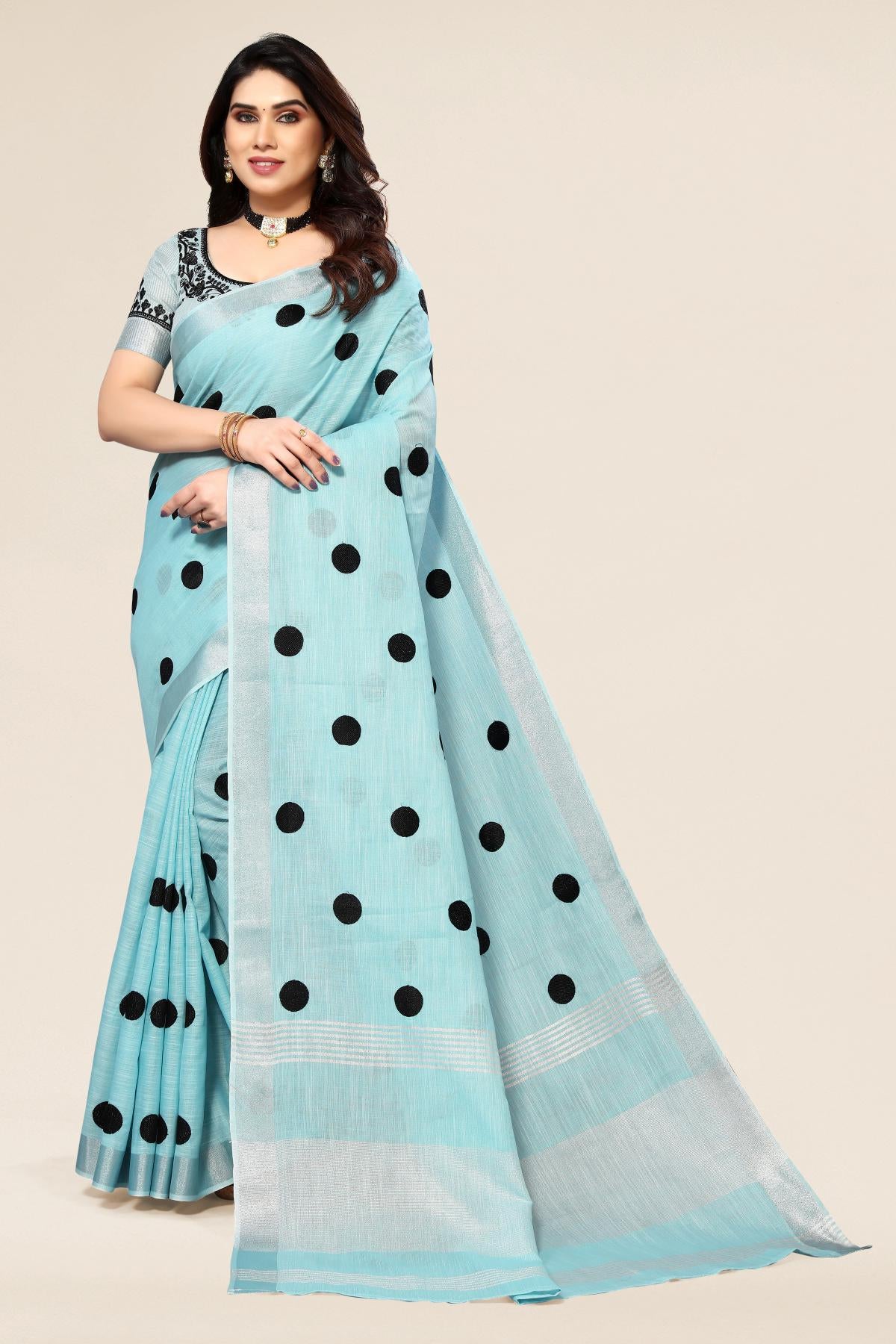 Blue linen saree with embroidered polka design