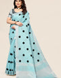 Blue linen saree with embroidered polka design