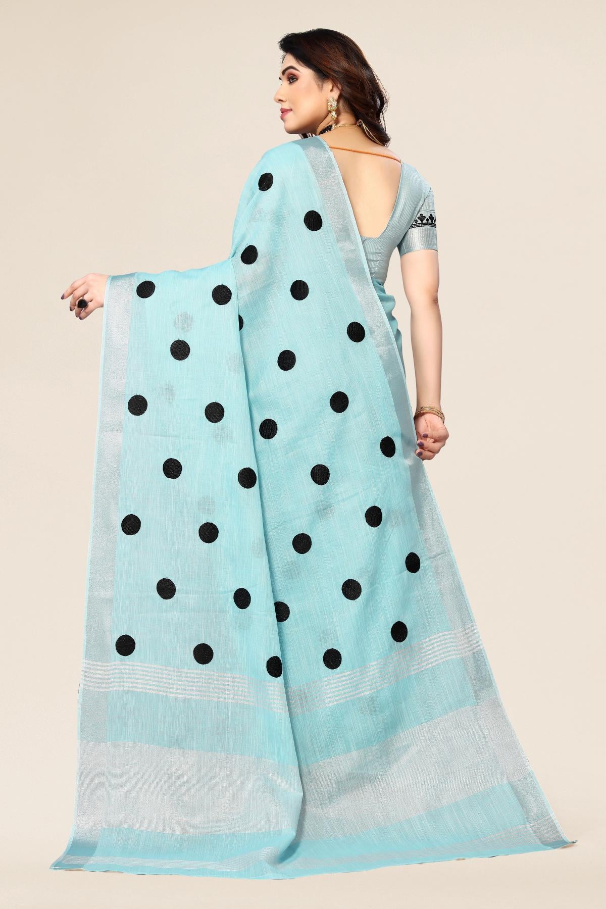 Blue linen saree with embroidered polka design