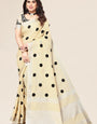 Cream linen saree with embroidered polka design