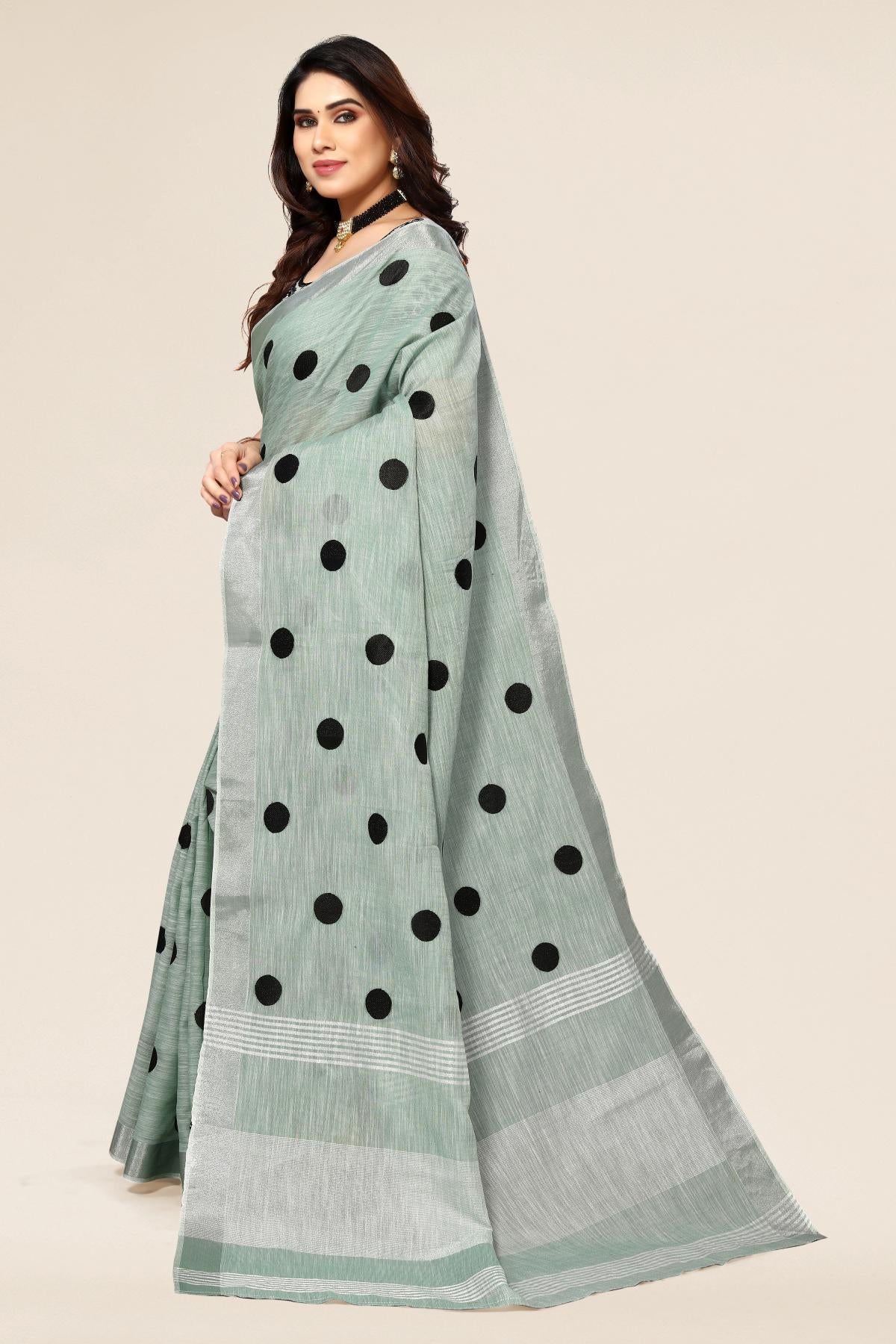 Rama linen saree with embroidered polka design