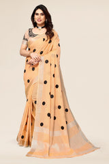 Orange linen saree with embroidered polka design