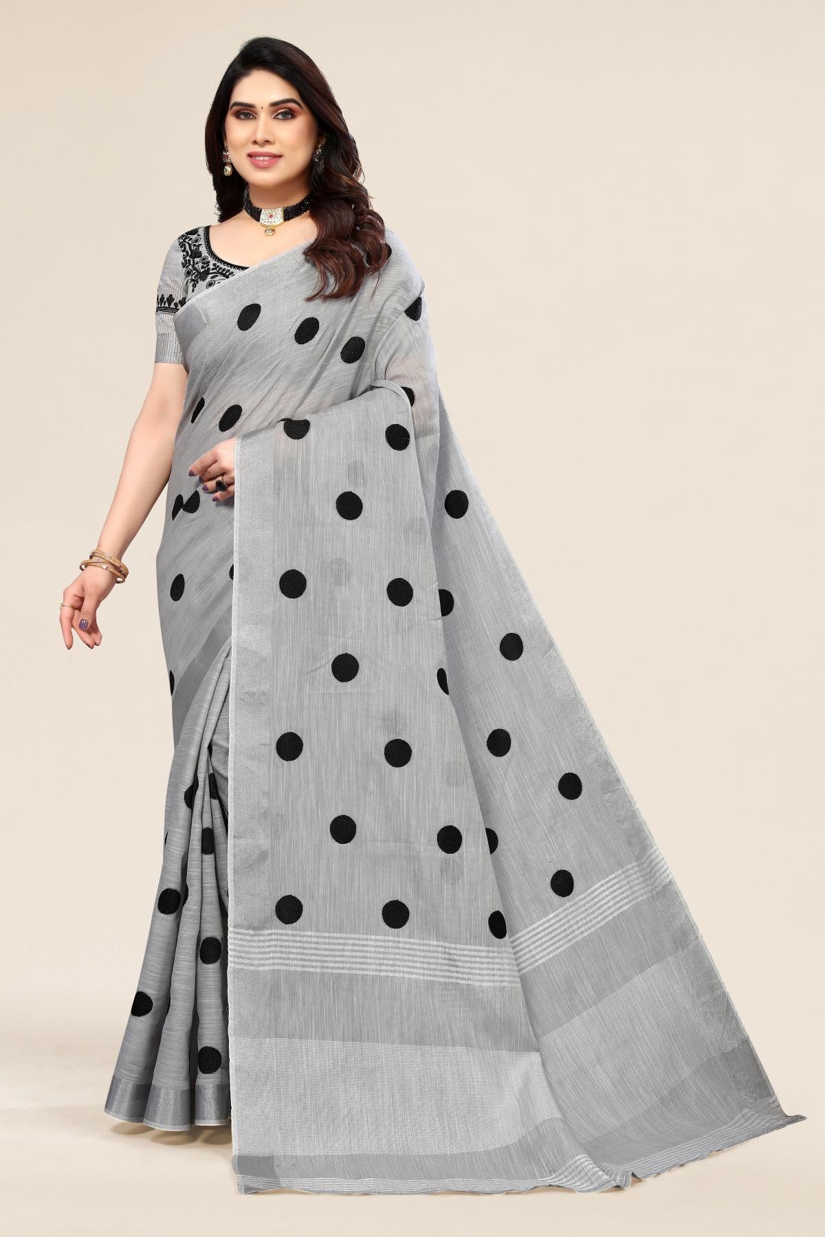 Grey linen saree with embroidered polka design