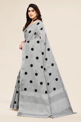 Grey linen saree with embroidered polka design