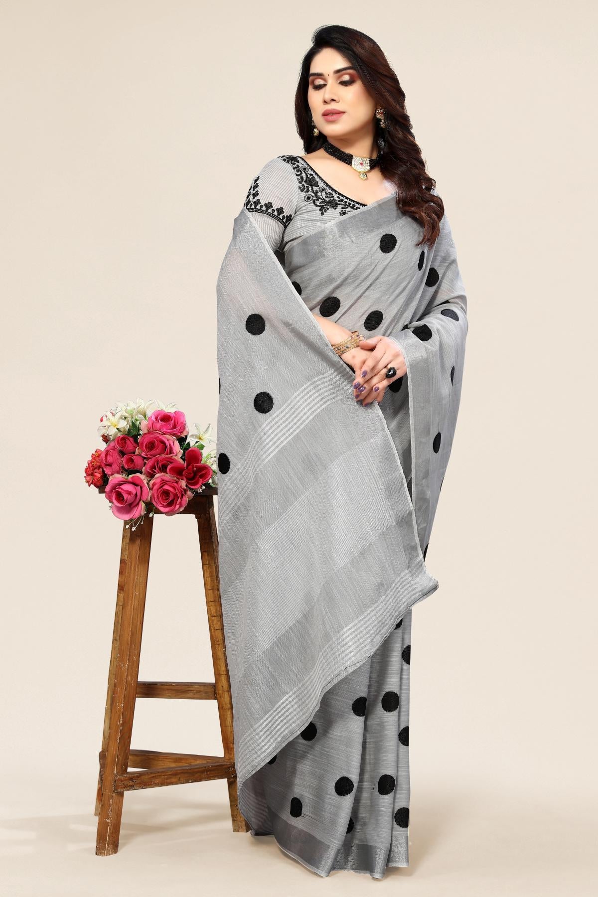 Grey linen saree with embroidered polka design