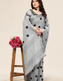 Grey linen saree with embroidered polka design