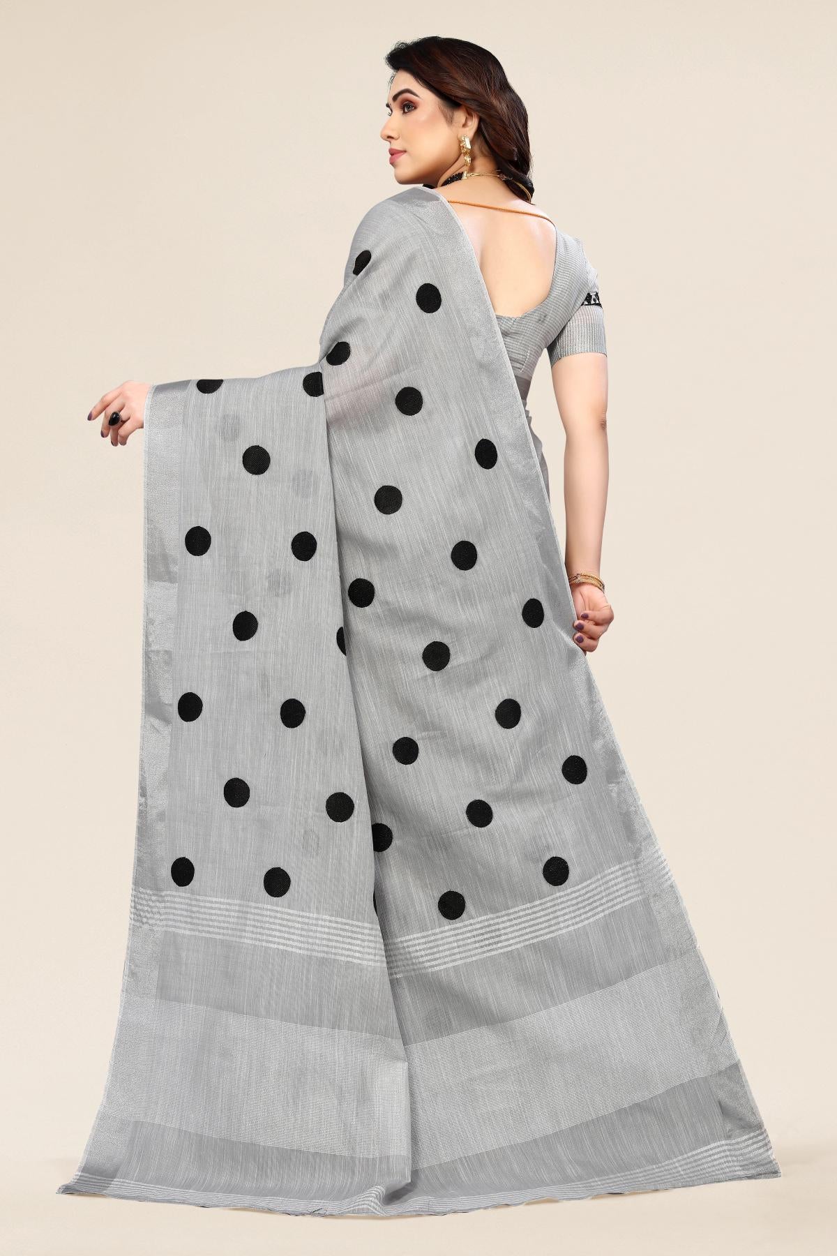 Grey linen saree with embroidered polka design