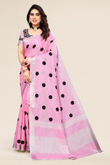 Pink linen saree with embroidered polka design