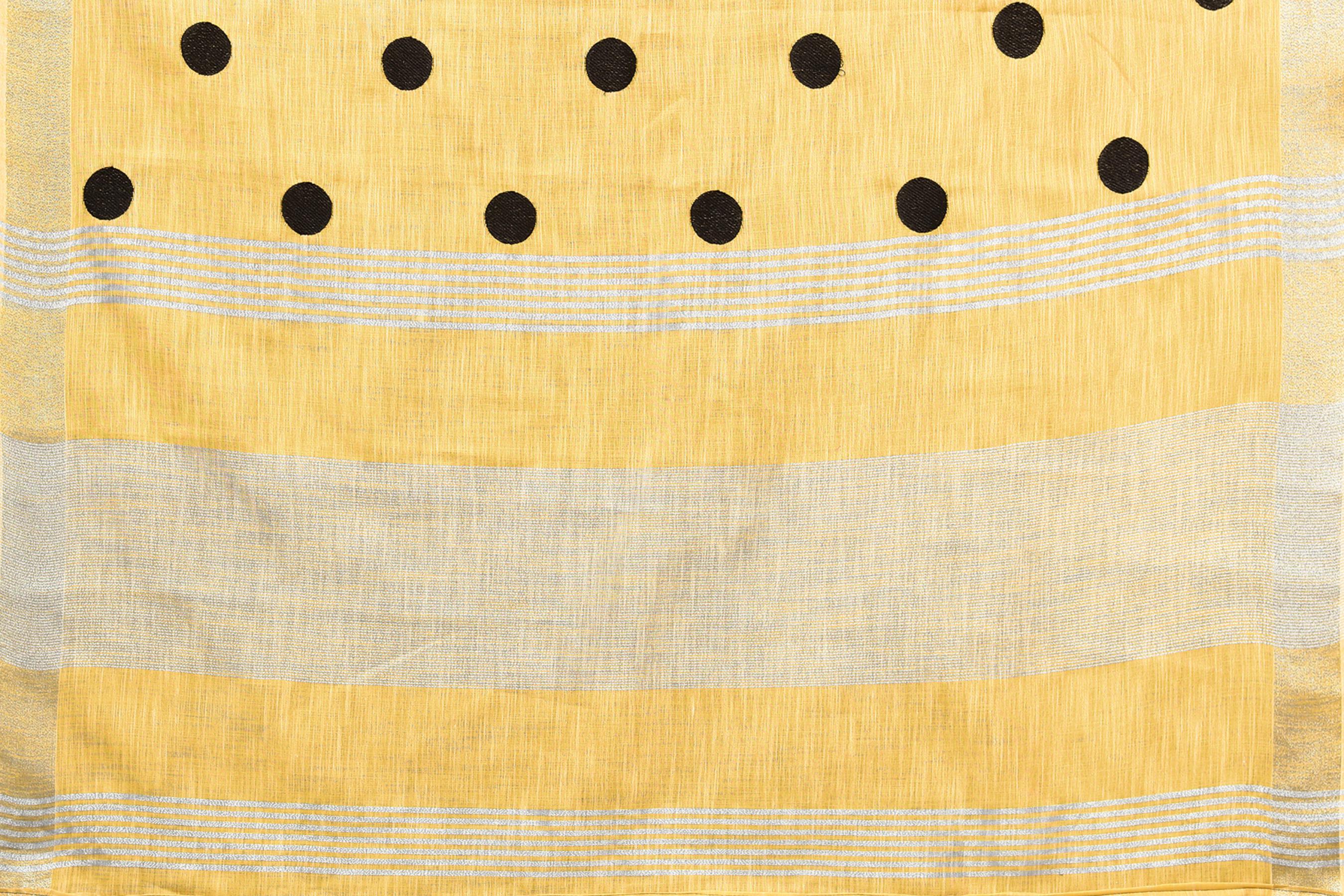 Yellow linen saree with embroidered polka design