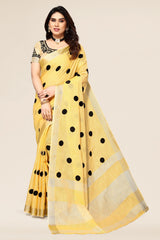 Yellow linen saree with embroidered polka design