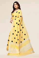 Yellow linen saree with embroidered polka design