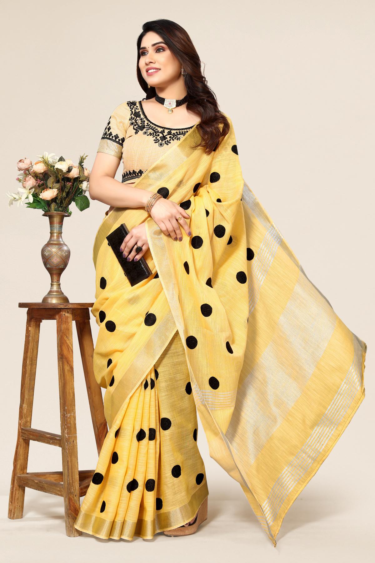 Yellow linen saree with embroidered polka design