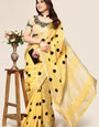 Yellow linen saree with embroidered polka design