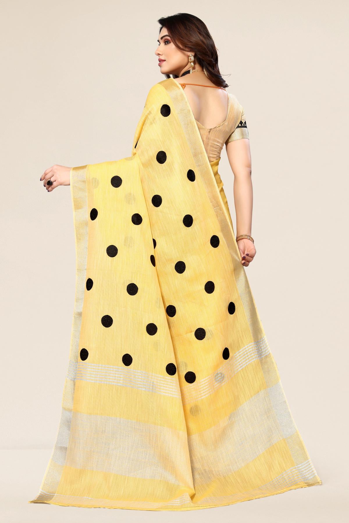 Yellow linen saree with embroidered polka design