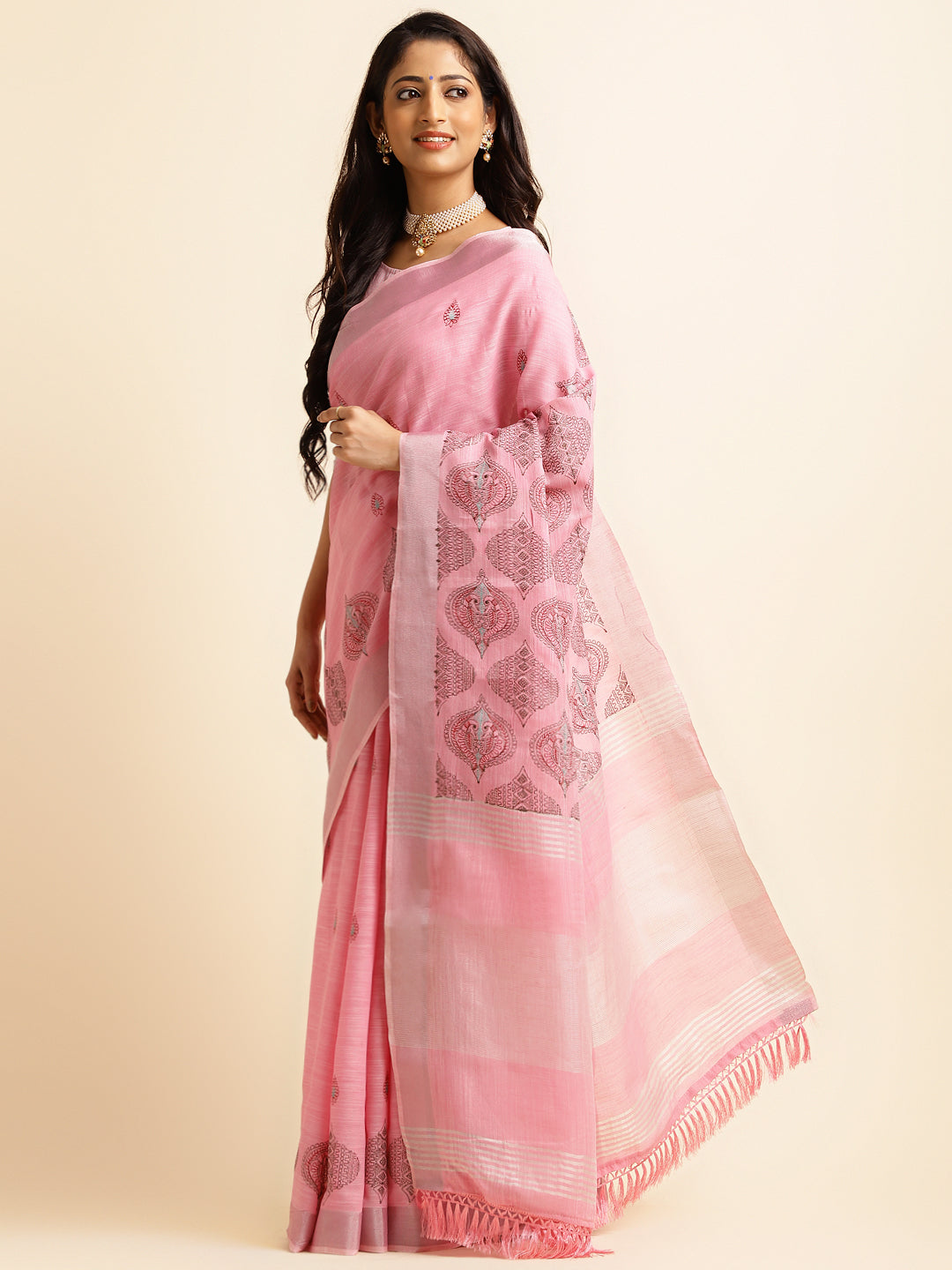 Baby Pink Embroidered Linen Cotton Saree for Sangeet