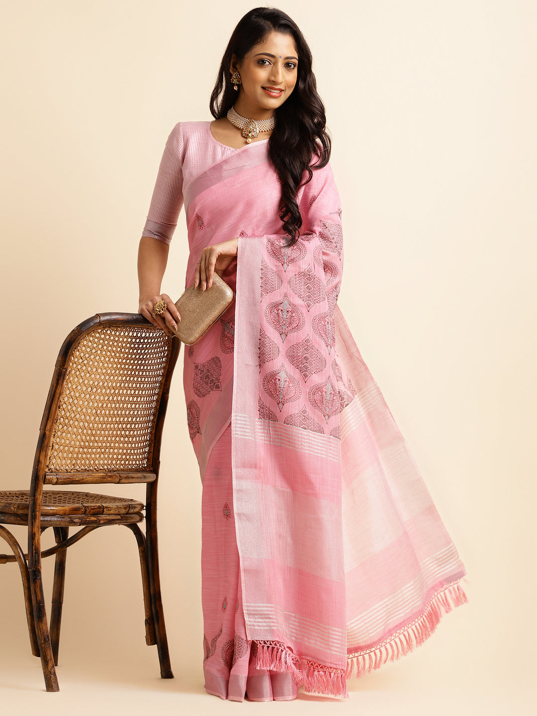 Baby Pink Linen Cotton Embroidery Saree For sangeet
