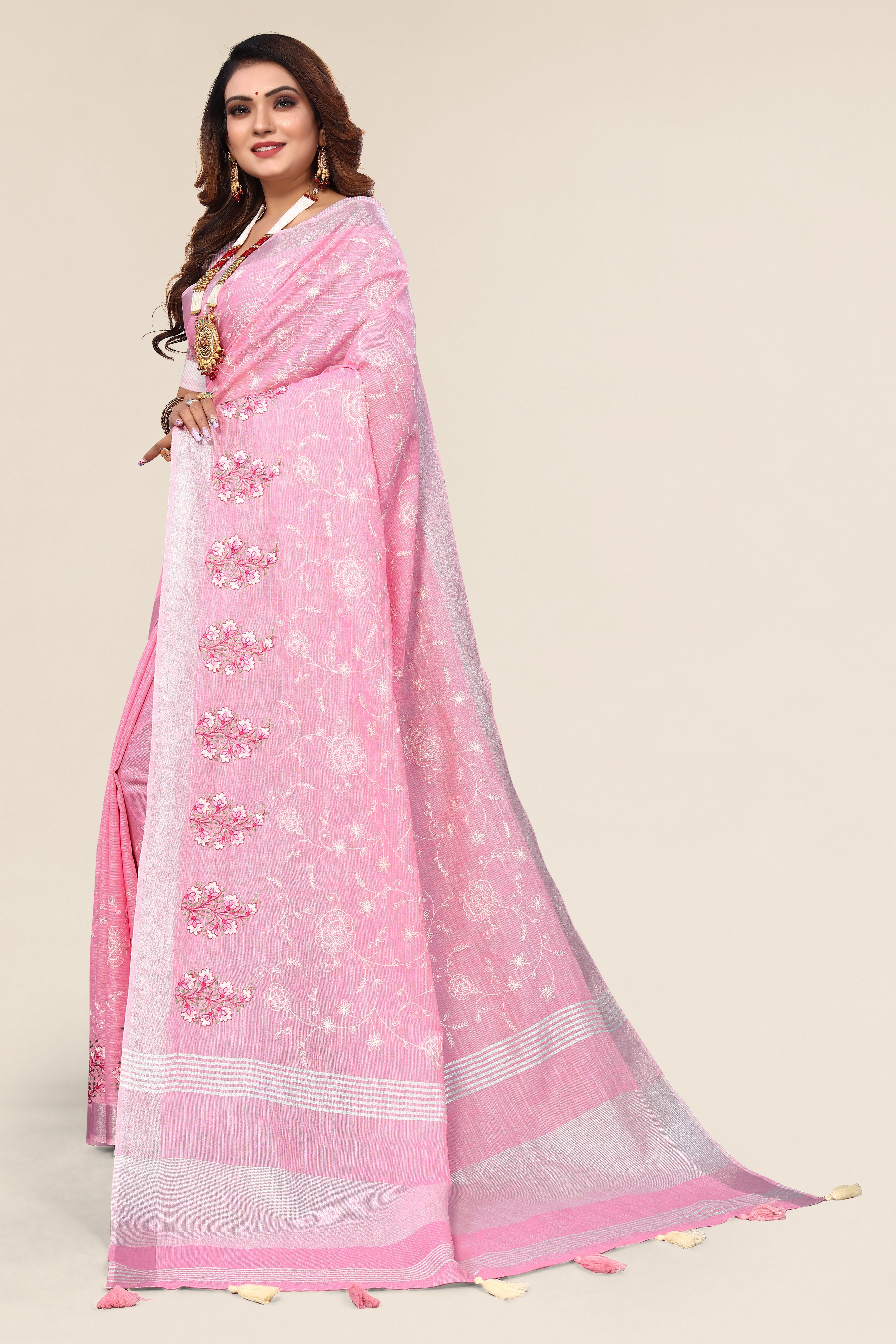 Baby Pink Linen Cotton Embroidery Saree with Tassels
