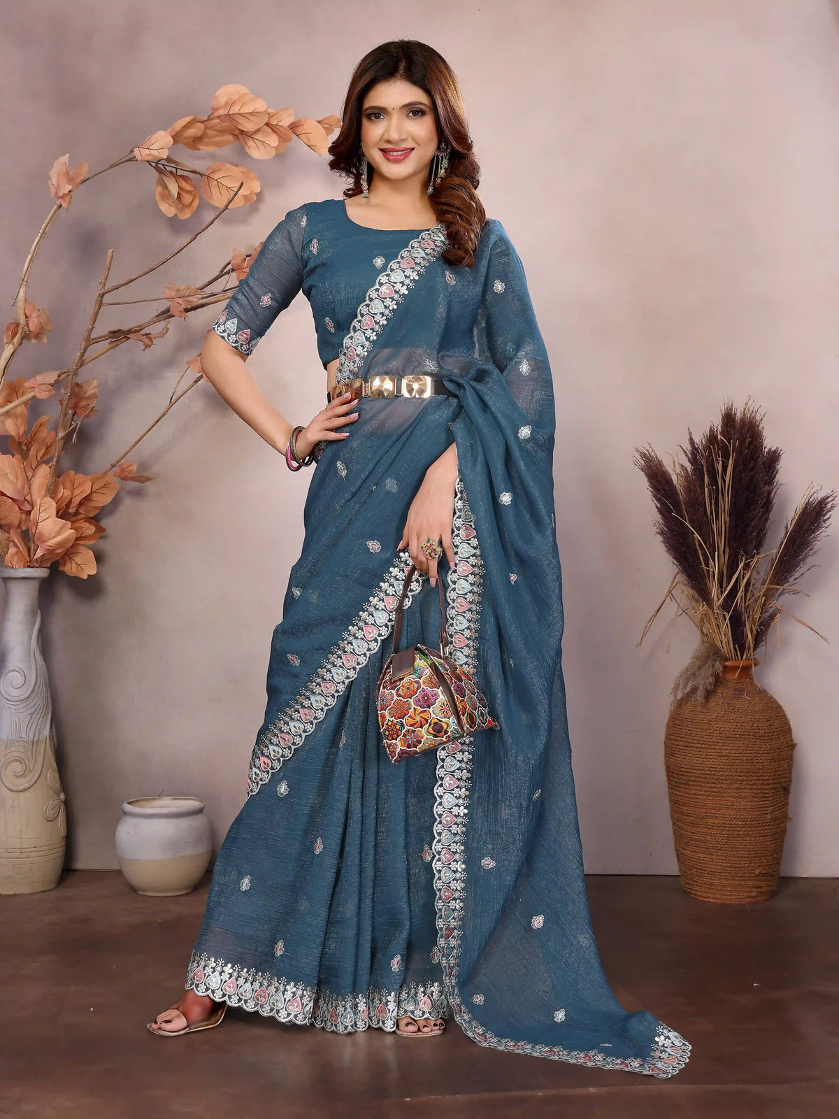 Blue Barbarick Silk Cutwork Saree
