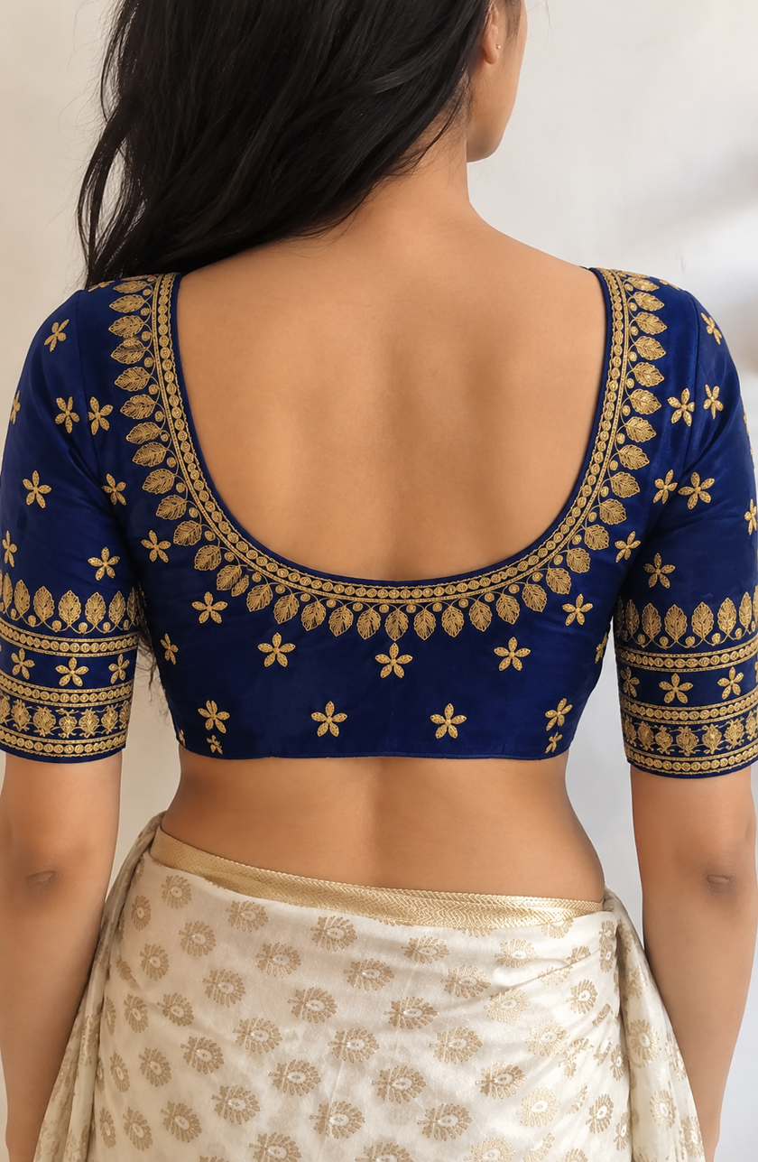 Royal Blue Silk Handwork Stitched Blouse For Navratri