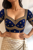 Royal Blue Silk Handwork Stitched Blouse For Navratri
