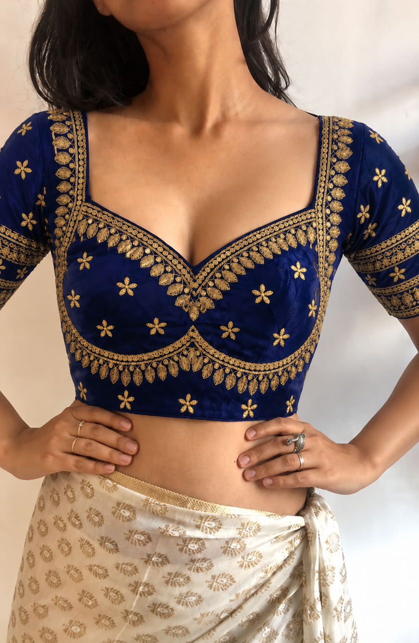 Royal Blue Silk Handwork Stitched Blouse For Navratri