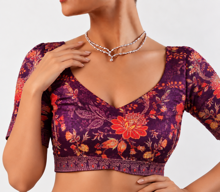 Purple Banglori Silk Handwork Stitched Blouse For Navratri