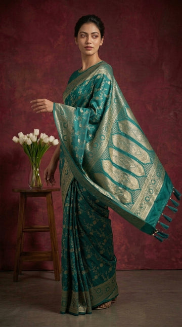 Teal Blue Banarasi Work Satin Silk Saree